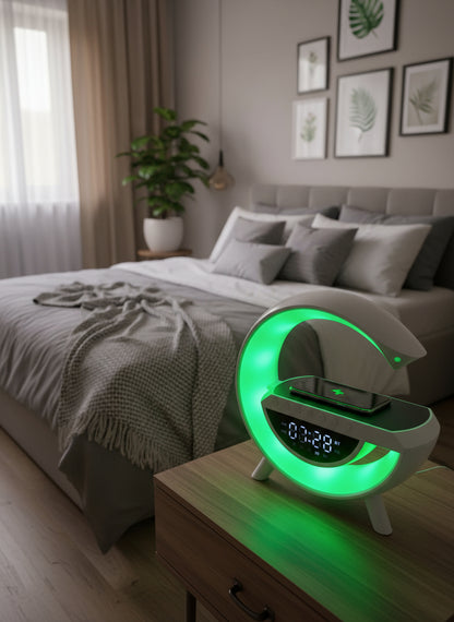 BT-3401 LED Wireless Charging Bluetooth Speaker with Digital Clock, RGB Night Light, Alarm, and Fast Wireless Phone Charger – Smart Multifunctional Table Lamp Speaker